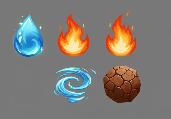 The four core elements: Water, Fire, Wind, Earth, visually depicted.