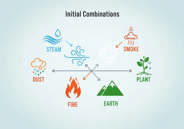 Water, Fire, Wind, Earth elements combining to make new ones.
