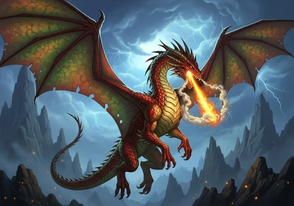 Majestic fire-breathing dragon flying