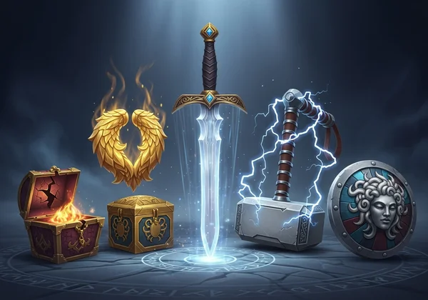 Illustrations of Excalibur sword and Thor's Mjolnir hammer