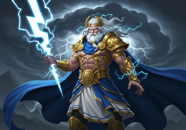 Stylized depiction of Zeus with lightning bolt
