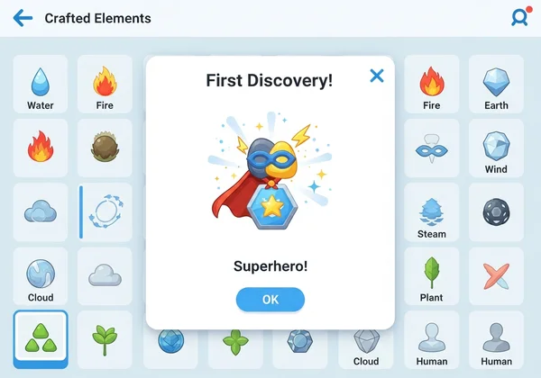 Infinite Craft first discovery pop-up for a new superhero